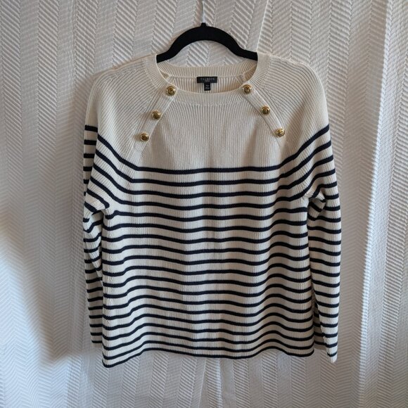 Talbots Pima Cotton Mariner Stripe Sweater XL Petite Nautical Gold Buttons - Picture 3 of 11